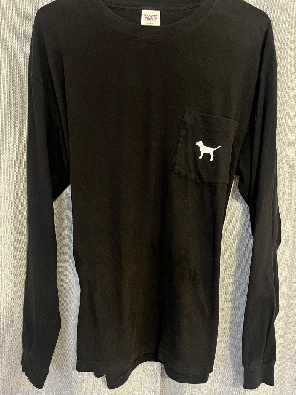 PINK Victoria's Secret Black Long-Sleeve Pocket Tee with White Dog Logo